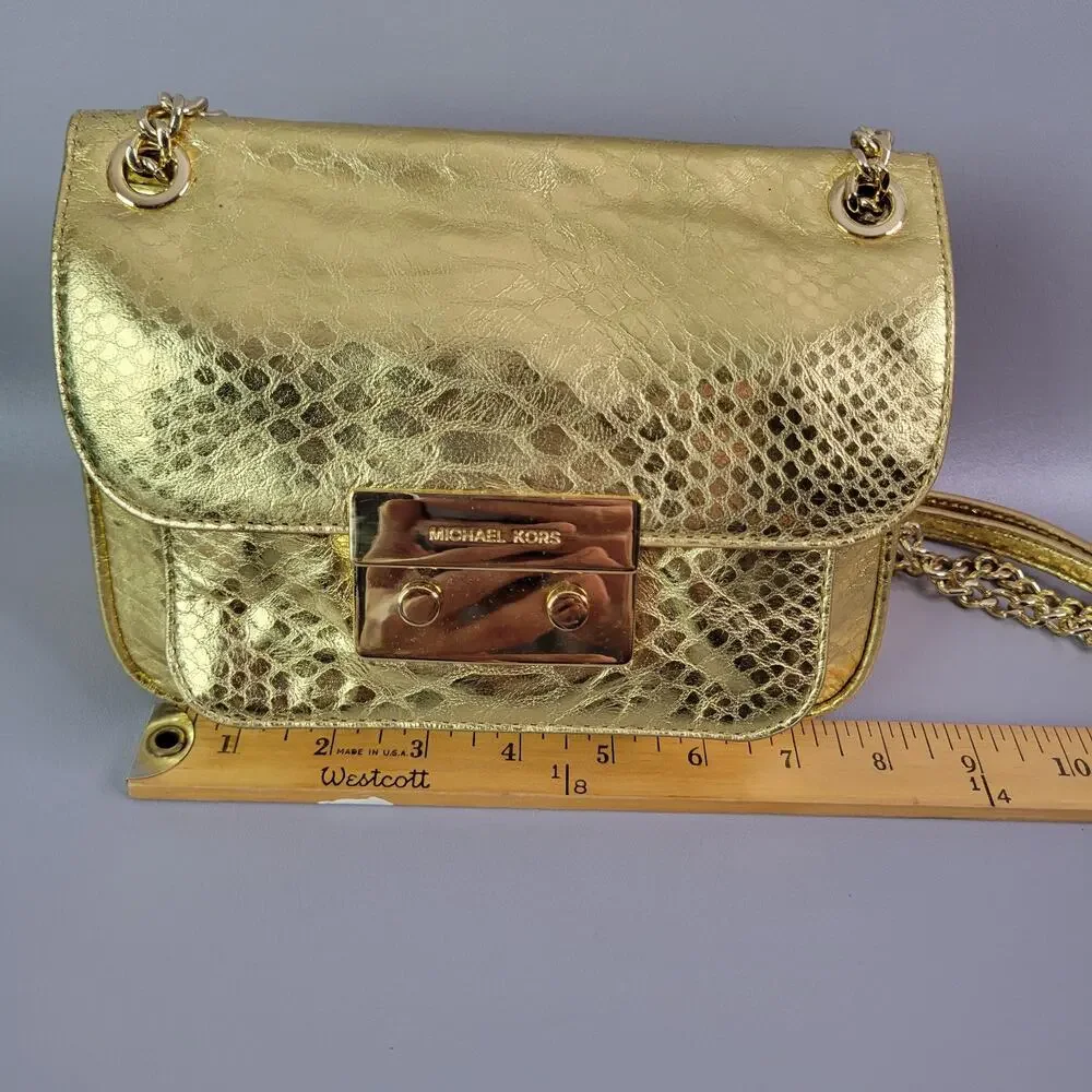 Michael Kors Mini Handbag Gold Snakeskin Embossed Chain Strap - Picture 14 of 15
